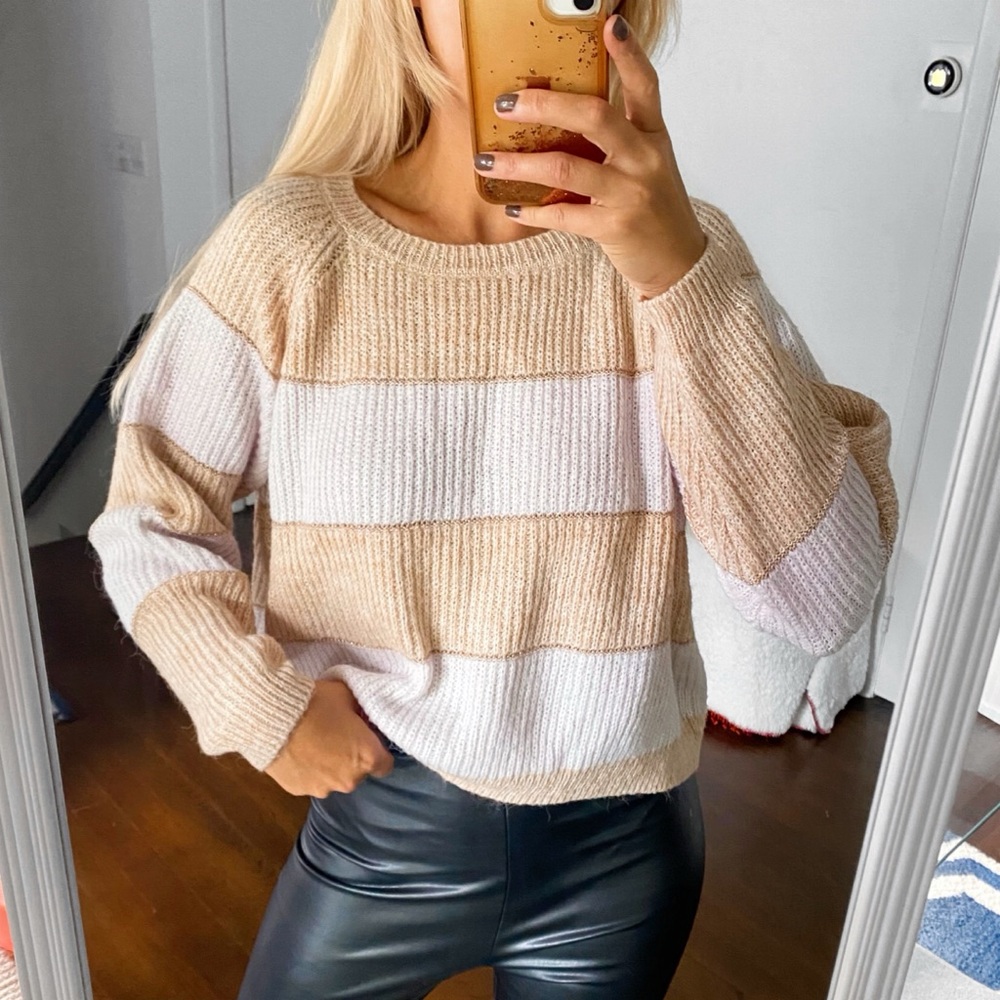🍂 ONLY IVORY TAN METALLIC STRIPE CHUNKY KNIT SWEATER!